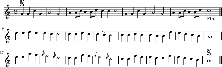 
\relative c'' {
\override Rest #'style = #'classical
  \key a \minor
  \override Staff.TimeSignature #'style = #'single-digit
  \time 2/2
  g\segno g c g
  a2 g
  a4 a8 c b4 b8 d
  c4 c c2
  g4 g c g
  a2 g
  a4 a8 c b4 b8 d
  c1_"Fin."  \bar "|."
  e4 e f e

  e d d2
  d4 d e d
  d( c) c2
  c4 c d c
  c b b f'
  e d c b
  a1
  e'4 e a g
  \grace g8 f2 \grace e8 d2

  d4 d g f
  \grace f8 e2 \grace d8 c2
  c4 c f e
  e d d f
  e d c b
  a1\segno
  \bar "|."
}
