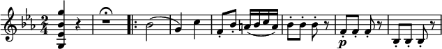 \ relativ g '' {\ key es \ major \ time 2/4 <g bes, es, g,> 4 r |  r1*1/2 \ fermata \ bar ". |:" bes, 2 (| g4) c |  f, 8-.  bes-.  a16 (bes ca) |  bes8-.  bes-.  bes-.  r f8-.  \ p f-.  f-.  r |  bes, 8-.  bes-.  bes-.  r}