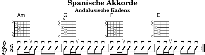 
\version "2.20.0"
\header {
  title="Spanische Akkorde"
  subtitle="Andalusische Kadenz"
  encoder="mjchael"
}

myShapes = {
  \new FretBoards {
    \override FretBoards.FretBoard.size = #'1.5
    \override FretBoard.fret-diagram-details.finger-code = #'in-dot
    \override FretBoard.fret-diagram-details.dot-color = #'white
    \override FretBoard.fret-diagram-details.orientation =
        #'landscape
 < e, a,  e-2 a-3  c'-1  e' > 2. % Am
 < e, d-2  g-3 b-1\3 b  e' > 2. % G
 < e, c-2  f-3 a-1 b  e' > 2. % F
 < e, b,-2  e-3 gis-1  b  e' > 2. % E
  }
}

myChords = \new ChordNames { \chordmode {
    a2.:m g f e
}}

myRhythm = { \repeat volta 4 {
%% Am
    <e, a, e a c' e'>8\downbow 16\downbow 16\upbow 8\downbow 8\downbow 8\downbow  8\downbow
%% G
  <e, d g  b e'>8\downbow 16\downbow 16\upbow 8\downbow 8\downbow 8\downbow  8\downbow
%% F
  <e, c f a b e'>8\downbow 16\downbow 16\upbow 8\downbow 8\downbow 8\downbow  8\downbow
%% E
  <e, b, e gis b e'>8\downbow 16\downbow 16\upbow 8\downbow 8\downbow 8\downbow  8\downbow
}}

\score { << %layout
  \myChords
  \myShapes
  \new Voice \with {
    \consists "Pitch_squash_engraver"
  }{   
    \time 6/8
    \key c \major
    \set Staff.midiInstrument = "acoustic guitar (nylon)"
    \improvisationOn
    \override NoteHead.X-offset = 0
    \myRhythm
  }
>> \layout{} }

\score { << % midi
  \unfoldRepeats {
    \tempo 4 = 100
    \time 6/8
    \key c \major
    \set Staff.midiInstrument = #"acoustic guitar (nylon)"
    \myRhythm 
    <e, b, e gis b e'>1 \upbow
  }
>> \midi{} }

\paper {
  indent=0\mm
  line-width=180\mm
  oddFooterMarkup=##f
  oddHeaderMarkup=##f
  % bookTitleMarkup=##f
  scoreTitleMarkup=##f
}
