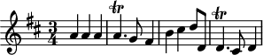 
\version "2.18.2"
\header {
 tagline = ##f
 % composer = "Johann Pachelbel"
 % opus = "Chaconne en ré majeur, P. 39"
 % meter = ""
}

\score {
<<
 \relative c'' {
 %\clef bass
 \key d \major
 \time 3/4
 \override TupletBracket #'bracket-visibility = ##f 

 %s8*0^\markup{Aria}
 a4 a a | a4.\trill g8 fis4 | b cis d8 d, | d4.\trill cis8 d4 |

 }
>>
 \layout {
 #(layout-set-staff-size 17)
 \context { \Score \remove "Metronome_mark_engraver" 
 \override SpacingSpanner.common-shortest-duration = #(ly:make-moment 1/2)
 }
 }
}
