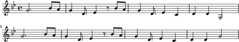 
 \new Staff \with { midiInstrument = "acoustic guitar (nylon)" }
  {
    \relative c'' {
  \key g \minor
g2. bes8 a8 g4 d8. ees4 r8 bes'8 a8 g4 d8. ees4 c4 d4 d4 g,2 \break
g'2. bes8 a8 g4 d8. ees4 r8 bes'8 a8 g4 d8. ees4 c4 d4 d4 g2 \break
} }
\addlyrics { 
\lyricmode {
   
} }

  \midi {
    \context {
      \Score
      tempoWholesPerMinute = #(ly:make-moment 120 4)
    }
  }
