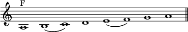 { \override Score.TimeSignature #'stencil = ##f \cadenzaOn a1^"F" b( c') d' e'( f') g' a' \bar "||" }