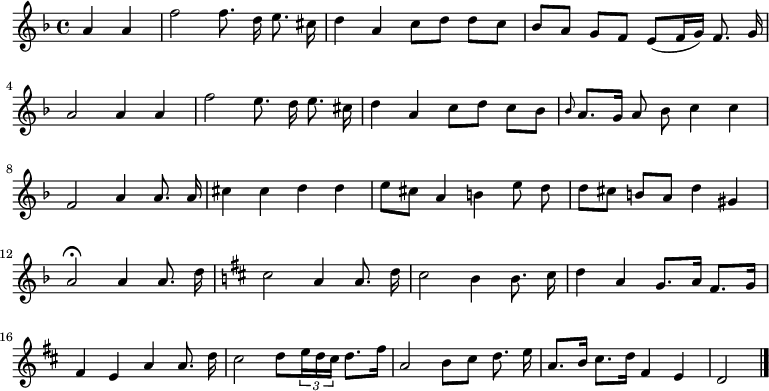 
\relative c'' {
  \key d \minor
  \time 4/4
  \partial 2
  \autoBeamOff
  a a
  f'2 f8. d16 e8. cis16
  d4 a c8[ d] d[ c]
  bes[ a] g[ f] e[( f16 g]) f8. g16
  a2 a4 a

  f'2 e8. d16 e8. cis16
  d4 a c8[ d] c[ bes]
  \grace bes a8.[ g16] a8 bes c4 c
  f,2 a4 a8. a16
  cis4 cis d d
  e8[ cis] a4 b e8 d

  d[ cis] b[ a] d4 gis,
  a2\fermata a4 a8. d16
  \key d \major
  cis2 a4 a8. d16
  cis2 b4 b8. cis16
  d4 a g8.[ a16] fis8.[ g16]

  %tourne

  fis4 e a a8. d16
  cis2 d8[ \times 2/3 { e16 d cis] } d8.[ fis16]
  a,2 b8[ cis] d8. e16
  a,8.[ b16] cis8.[ d16] fis,4 e
  d2
  \bar "|."
}
