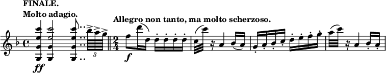 
\relative c''' {
 \key f \major \time 4/4 \set Score.tempoHideNote = ##t
 \tempo \markup {
   \column {
    \line { FINALE. }
    \line { Molto adagio. }
   }
  } 4=58
 \override Score.NonMusicalPaperColumn #'line-break-permission = ##f
 <c e, g, g,>4\ff
  << { \voiceOne <c e,>2 }
       \new Voice { \voiceTwo \stemUp <g, g,>4 }
   >> \oneVoice
 <c' e, g, g,>8.. \times 2/3 { bes64->[ a-> g->] }
 \tempo "Allegro non tanto, ma molto scherzoso." 4=130
 \bar "||" \time 2/4 f8\f d'16( d,) d-. d-. d-. d-. c32( c') r16 a,4 bes16( a)
 g-. a-. bes-. c-. d-. e-. f-. g-. a32( c) r16 a,4 bes16-. a-.
}
