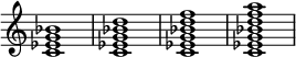 
{\ override Score.TimeSignature #'stencil = ## f \ relative c' {\ clef treble \ time 4/4 \ key c \ major <c es g bes> 1 <c es g bes d> 1 <c es g bes df> 1 <c es g bes df a> 1}}
