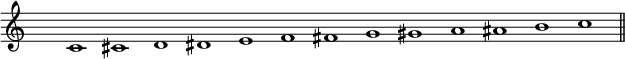 
\relative c' { %p71s1
\clef G  
\override Staff.TimeSignature #'transparent = ##t
\time 26/2
c1 cis d dis e f fis g gis a ais b c \bar "||"
}
