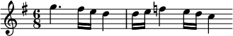 
\language "italiano"
porteeA = \relative do''' {
   \time 6/8
   \key sol \major
   sol4. fad16[ mi] re4 | re16[ mi] fa4 mi16[ re] do4 \bar " "
}
\score { \porteeA
  \layout {
    \context { \Staff \RemoveEmptyStaves }
    indent = 0\cm
    line-width = #120
    \override Score.BarNumber #'stencil = ##f
  }
  \midi { }
}
\header { tagline = ##f}
