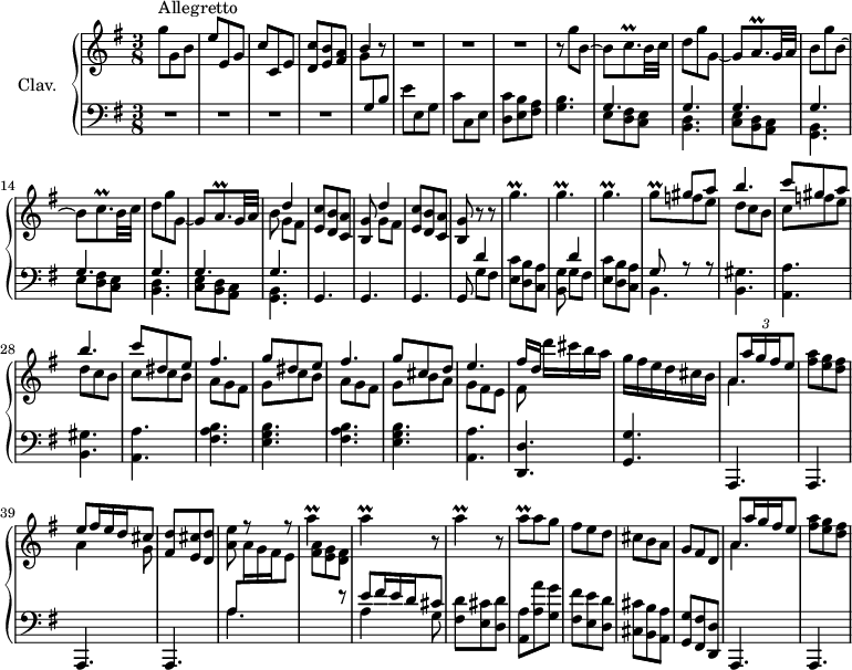 
\version "2.18.2"
\header {
 tagline = ##f
 % composer = "Domenico Scarlatti"
 % opus = "K. 538"
 % meter = "Allegretto"
}

%% les petites notes
trillCqp = { \tag #'print { c8.\prall } \tag #'midi { d32 c d c~ c16 } }
trillAqp = { \tag #'print { a8.\prall } \tag #'midi { b32 a b a~ a16 } }
trillGpUp = { \tag #'print { g''4.\prall } \tag #'midi { a32 g a g~ g4 } }
trillGq = { \tag #'print { g8^\prall } \tag #'midi { a32 g a g } }
trillA = { \tag #'print { a4\prall } \tag #'midi { b32 a b a~ a8 } }
trillAq = { \tag #'print { a8\prall } \tag #'midi { b32 a b a } }

upper = \relative c'' {
 \clef treble 
 \key g \major
 \time 3/8
 \tempo 4. = 72

 s8*0^\markup{Allegretto}
 g'8 g, b | e e, g | c c, e | < d c' > < e b' > < fis a > | \stemUp b4 r8 | R4.*3 \stemNeutral |
 % ms. 9
 r8 \repeat unfold 2 { g'8 b,~ | b \trillCqp b32 c | d8 g g,~ | g \trillAqp g32 a | b8 }
 % ms. 17 suite…
 \repeat unfold 2 { << { d4 } \\ { g,8 fis } >> | < e c' >8 < d b' > < c a' > | < b g' > } r8 r8 | \repeat unfold 3 { \trillGpUp } |
 % ms. 25
 << { s8 \repeat unfold 2 { gis8 a | b4. | c8 } dis, e | fis4. } 
 \\ { \trillGq \repeat unfold 2 { f8 e | d c b | c } | c8 b | a g fis } >> 
 % ms. 31
 << { g'8 dis e | fis4. | g8 cis, d | e4. | fis16[ d] } 
 \\ { g,8 c b | a g fis | g b a | g fis e | fis8 } >>
 d''16 cis b a | g fis e d cis b | 
 << { a8 \times 2/3 { a'16 g fis } e8 } 
 \\ { \mergeDifferentlyDottedOn a,4. } >>
 % ms. 38
 < fis' a >8 < e g > < d fis > | 
 << { e8 \omit TupletNumber \times 2/3 { fis16 e d } cis8 } 
 \\ { a4 g8 } >> |
 \shiftOn < fis d' >8 < e cis' > < d d' > | < a' e' > f'8\rest f8\rest | \repeat unfold 3 { \trillA r8 }
 % ms. 45
 \trillAq a8 g | fis e d | cis b a | g fis d | 
 << { a'8 \omit TupletNumber \times 2/3 { a'16 g fis } e8 } 
 \\ { \mergeDifferentlyDottedOn a,4. } >> | < fis' a >8 < e g > < d fis > |

}

lower = \relative c' {
 \clef bass
 \key g \major
 \time 3/8

 % ************************************** \appoggiatura a16 \repeat unfold 2 { } \times 2/3 { } \omit TupletNumber 
 R4.*4 \stemDown \change Staff = "upper" | g'8 \stemNeutral \change Staff = "lower" g, b | e e, g | c c, e |
 % ms. 8
 < d c' >8 < e b' > < fis a > | < g b >4. | \repeat unfold 2 { << { g4. g g g } \\ { e8 < d fis > < c e > | < b d >4. | < c e >8 < b d > < a c > | < g b >4. } >> }
 % ms. 18
 g4. g g | g8 << { d''4 } \\ { g,8 fis } >> | < e c' >8 < d b' > < c a' > |
 % ms. 23
 < b g' >8 << { d'4 } \\ { g,8 fis } >> | < e c' >8 < d b' > < c a' > | << { g'8 r8 r8 } \\ { b,4. } >> | \repeat unfold 2 { < b gis' >4. < a a' > } | \repeat unfold 2 { < fis' a b >4.
 % ms. 31
 < e g b >4. } | < a, a' >4. < d, d' > < g g' > | \repeat unfold 4 { a,4. } |
 % ms. 41
 << { a''8 \omit TupletNumber \stemDown \change Staff = "upper" \times 2/3 { a'16 g fis } e8 } \\ { \mergeDifferentlyDottedOn a,4. } >> \stemDown \change Staff = "upper" | < fis' a >8 < e g > < d fis > \stemNeutral \change Staff = "lower" | << { e8 \omit TupletNumber \times 2/3 { fis16 e d } cis8 } \\ { a4 g8 } >> | < fis d' >8 < e cis' > < d d' >
 % ms. 45
 < a a' >8 < a' a' > < g g' > < fis fis' > < e e' > < d d' > | < cis cis' > < b b' > < a a' > | < g g' > < fis fis' > < d d' > | a4. a 

}

thePianoStaff = \new PianoStaff <<
 \set PianoStaff.instrumentName = #"Clav."
 \new Staff = "upper" \upper
 \new Staff = "lower" \lower
 >>

\score {
 \keepWithTag #'print \thePianoStaff
 \layout {
 #(layout-set-staff-size 17)
 \context {
 \Score
 \override TupletBracket.bracket-visibility = ##f
 \override SpacingSpanner.common-shortest-duration = #(ly:make-moment 1/2)
 \remove "Metronome_mark_engraver"
 }
 }
}

\score {
 \keepWithTag #'midi \thePianoStaff
 \midi { \set Staff.midiInstrument = #"harpsichord" }
}
