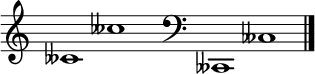 
\new Staff \with
{
  \omit TimeSignature
  fontSize = #2
  \override StaffSymbol.staff-space = #1.25
  \override StaffSymbol.thickness = #1.25
  \override Clef.full-size-change = ##t
  \override BarLine.hair-thickness = #2.4
  \override BarLine.thick-thickness = #7.5
  \override BarLine.kern = #3.75
  \override BarLine.transparent = ##t
}
{
  \time 18/8
  \clef treble
  s8
  ceses'1 ceses''
  s8
  \grace s8
  \clef bass
  \bar "|"
  s8
  ceses,1 ceses
  \override Staff.BarLine.transparent = ##f
  \bar "|."
}
