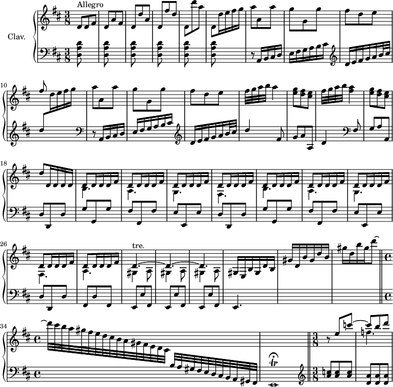 \version "2.18.2"\header {  tagline = ##f}%% les petites notestrillE        = { \tag #'print { e1\trill\fermata } \tag #'midi { \tempo 4. = 30 fis32 e \repeat unfold 10 { \tempo 4. = 60 fis32 e~ }  \tempo 4. = 40 e16   \tempo 4. = 68 } }trillDp       = { \tag #'print {  d4.~ } \tag #'midi { \repeat unfold 6 { e32 d } } }upper = \relative c'' {  \clef treble   \key d \major  \time 3/8  \tempo 4. = 68  \set Staff.midiInstrument = #"harpsichord"  \override TupletBracket.bracket-visibility = ##f  \omit TupletNumber      s8*0^\markup{Allegro}      d,8 d fis | d a' fis | d d' a | d, fis' d | d, d'' a | d,, d'16 e fis g |      % ms. 7      a8 a, a' | g g, g' | fis d e | \stemUp fis8 s4 | \stemNeutral a8 a, a' | g g, g' |      % ms. 13      fis d e | fis32 g a b a4 | < e g >8 < d fis > < cis e > | fis32 g a b < fis a >4 | < e g >8 < d fis > < cis e > | d8 d,16 d d d | \repeat unfold 2 { << { \repeat unfold 4 { d8 d16 d d fis } } \\ { b,4. | a g fis } >> } << { d'8 d16 d d fis } \\ { a,4. } >>      % ms. 28      s8*0^\markup{tre.} \repeat unfold 3 { << { \trillDp } \\ { gis,4 a8 } >> } gis16 e b' gis d' b gis' d b' gis d' b | gis' d b' gis d'8~ \bar "||"  \time 4/4      % ms. 34      d32[ cis b a gis fis e d cis b a gis fis e d cis] \stemUp \change Staff = "lower" \times 16/11 { b32 a gis fis e d cis b a gis fis } | \trillE  \change Staff = "upper"  \bar "||" \time 3/8      % ms. 36      b'''8\rest << { e8 c'~ | c b d~ | } \\ { s4 f,4. } >>}lower = \relative c' {  \clef bass  \key d \major  \time 3/8  \set Staff.midiInstrument = #"harpsichord"    % **************************************    \repeat unfold 6 { < d, a' d >8 s4 }    % ms. 7    r8 a16 b cis d | e fis g a b cis |   \clef treble  d e fis g a b32 cis | d8 \stemDown \change Staff = "upper" d16 e fis g |    % ms. 11      \stemUp \change Staff = "lower" \clef bass r8 a,,,16 b cis d | e fis g a b cis |   \clef treble  d e fis g a b32 cis | d4 fis,8 | g a a, | d4   \clef bass fis,8 | g a a, | d d, d' | \repeat unfold 2 { g g, g' |    % ms. 20    fis fis, fis' | e e, e' | d d, d' }    % ms. 27    fis,8 d' fis, | \repeat unfold 3 { e e' fis, } | e4. | s4. s4. | s1   s1     % ms. 36      \clef treble  < a'' c >8 q q | < d, a' >8 q q | }thePianoStaff = \new PianoStaff <<    \set PianoStaff.instrumentName = #"Clav."    \new Staff = "upper" \upper    \new Staff = "lower" \lower  >>\score {  \keepWithTag #'print \thePianoStaff  \layout {      #(layout-set-staff-size 17)    \context {      \Score     \override SpacingSpanner.common-shortest-duration = #(ly:make-moment 1/2)      \remove "Metronome_mark_engraver"    }  }}\score {  \keepWithTag #'midi \thePianoStaff  \midi { }}