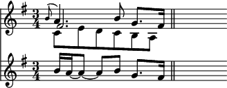 { \time 3/4 \key g \major << { << \relative b' {  \appoggiatura b8 \stemUp a4. b8 g8. fis16 \bar "||" s8 } \\ { c'8 e' d' c' b a | s } \\ { fis'2. | s8 } >> }
\new Staff { \key g \major \relative b' { \grace s8 b16 a ~ a8 ~ a b g8. fis16 | s8 } } >> }