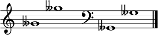 
\new Staff \with
{
 \omit TimeSignature
 fontSize = #2
 \override StaffSymbol.staff-space = #1.25
 \override StaffSymbol.thickness = #1.25
 \override Clef.full-size-change = ##t
 \override BarLine.hair-thickness = #2.4
 \override BarLine.thick-thickness = #7.5
 \override BarLine.kern = #3.75
 \override BarLine.transparent = ##t
}
{
 \time 18/8
 \clef treble
 s8
 geses'1 geses''
 s8
 \grace s8
 \clef bass
 \bar "|"
 s8
 geses,1 geses
 \override Staff.BarLine.transparent = ##f
 \bar "|."
}
