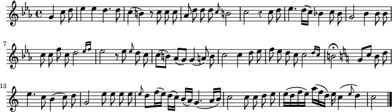 
\relative c'' {
  \override Rest #'style = #'classical
  \key c \minor
  \time 4/4
  \partial 2
  \autoBeamOff
  g4 c8 d
  es4 es d4. d8
  c4( b) r8 c c c
  as d d d \grace c b2
  c r4 c8 d
  es4. d16[( c]) bes!4 c8 bes

  g2 bes4 bes8 bes
  c c f c \afterGrace d2 { es16[ f] }
  es2 r8 es \grace es d c
  c[( b]) as[( g]) g4( a8) b
  c2 c4 d8 es
  f es d c  \afterGrace c2 { d16[ c] }
  b2\fermata \key c \major g8[ c] b d

  e4. c8 b4( c8) d
  g,2 e'8 e e e
  \grace e d[ f16( e]) d[( c]) b[( a]) g4.( a16[ b])
  c2 c8 c d e
  e16[( d f e]) a[( f d]) e c4( \grace e8 d4)
  c2
 \bar "|."
}
