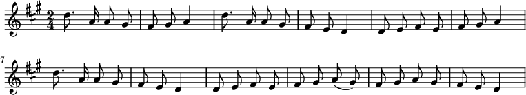 

%goralska = #`((0 . ,NATURAL) (1 . ,NATURAL) (2 . ,NATURAL)
%    (3 . ,NATURAL) (4 . ,SHARP) (5 . ,NATURAL) (6 . ,NATURAL) (7 . ,FLAT))

\new Staff \with { midiInstrument = "fiddle" } {
\autoBeamOff
\clef "violin"
\key d \lydian
\time 2/4

\relative d'' {
   d8. a16 a8 gis | fis gis a4 |
   d8. a16 a8 gis | fis e d4 |
   d8 e fis e | fis gis a4 |
   d8. a16 a8 gis | fis e d4 |
   d8 e fis e | fis gis a( gis) |
   fis gis a gis | fis e d4 |
   }

}
