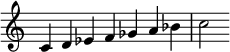  { \override Score.TimeSignature #'stencil = ##f \relative c' { \clef treble \time 7/4 c4 d es f ges a bes c2 } }
