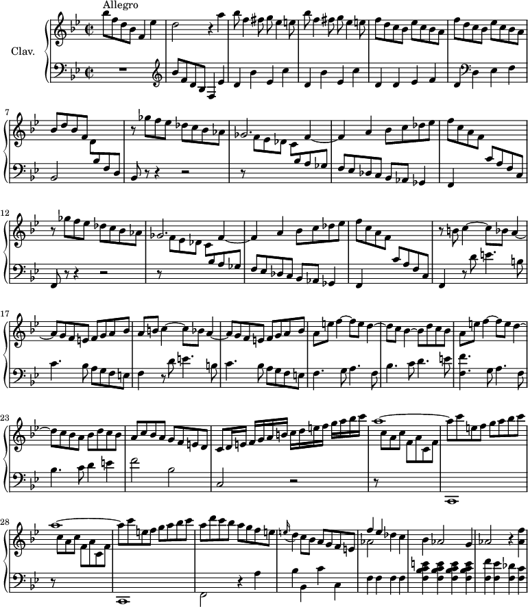 
\version "2.18.2"
\header {
  tagline = ##f
  % composer = "Domenico Scarlatti"
  % opus = "K. 248"
  % meter = "Allegro"
}

%% les petites notes
%trillBesp     = { \tag #'print { bes4.\prall } \tag #'midi { c32 bes c bes~ bes4 } }

upper = \relative c'' {
  \clef treble 
  \key bes \major
  \time 2/2
  \tempo 2 = 82
  \set Staff.midiInstrument = #"harpsichord"
  \override TupletBracket.bracket-visibility = ##f

      s8*0^\markup{Allegro}
      bes'8 f d bes f4 ees' | d2 r4 a'4 | \repeat unfold 2 { bes8 f4 fis8 g ees4 e8 } | 
      % ms. 5
      \repeat unfold 2 { f8 d c bes ees c bes a  } | bes d bes f s2 | \repeat unfold 2 { r8 ges'8 f ees des c bes aes | ges2. f4~ |
      % ms. 10
      f4 a bes8 c des ees | f c a f s2 } |
      % ms. 16
      r8 \repeat unfold 2 { b8 c4~ c8 bes a4~ | a8 g f e  f g a bes | a }
      % ms. 20
      e'8 f4~ f8 e d4~ | d8 c bes4~ bes8 d c bes | a8 e' f4~ f8 e d4~ | d8 c bes a bes d c bes |
      % ms. 24
      a8 c bes a g f e d | c d16 e f[ g a b] c d e f g[ a bes c] | \repeat unfold 2 { a1~ | a8 c e, f g a bes c } |
      % ms. 30
      a8 d c bes a g f e | \appoggiatura e16 d4 c8 bes a g f e | << { f'4 ees } \\ { aes,2 } >> des4 c |
      % ms. 33
      bes4 aes2 g4 | aes2 r4 < aes f' >4 | 

}

lower = \relative c' {
  \clef bass
  \key bes \major
  \time 2/2
  \set Staff.midiInstrument = #"harpsichord"
  \override TupletBracket.bracket-visibility = ##f

    % ************************************** \appoggiatura a16  \repeat unfold 2 {  } \times 2/3 { }   \omit TupletNumber 
      R1 |   \clef treble bes'8 f d bes f4 ees' | \repeat unfold 2 { d bes' ees, c' } |
      % ms. 5
      d,4 d ees f | d   \clef bass d, ees f | bes,2 \stemDown \change Staff = "upper"  d'8 \stemUp \change Staff = "lower" bes f d | bes8 r8 r4 r2 | r8 \stemDown \change Staff = "upper"  f''8 ees des c \stemUp \change Staff = "lower" bes a ges |
      % ms. 10
      f8 ees des c bes aes ges4 | f4 s4 c''8 a f c | f,8 r8 r4 r2 | r8 \stemDown \change Staff = "upper"  f''8 ees des c \stemUp \change Staff = "lower" bes a ges |
      % ms. 14
      f8 ees des c bes aes ges4 | f4 s4 c''8 a f c | \stemNeutral f,4 r8 d''8 e4. b8 | c4. bes8 a g f e | f4 r8 d'8 e4. b8 |
      % ms. 19
       c4. bes8 a g f e | f4. g8 a4. f8 | bes4. c8 d4. e8 | < f, f' >4. g8 a4. f8 | bes4. c8 d4 e |
      % ms. 24
      f2 bes, | c, r2 | \repeat unfold 2 { r8 \stemDown \change Staff = "upper" c''8 a c f, a c, f | \change Staff = "lower" c,,1 } |
      % ms. 30
      f2 r4 a'4 | bes bes, c' c, | f f f f | < f bes c e >4 q q q | < f f' >4 < f ees' > < f des' > < f c' >

}

thePianoStaff = \new PianoStaff <<
    \set PianoStaff.instrumentName = #"Clav."
    \new Staff = "upper" \upper
    \new Staff = "lower" \lower
  >>

\score {
  \keepWithTag #'print \thePianoStaff
  \layout {
      #(layout-set-staff-size 17)
    \context {
      \Score
     \override SpacingSpanner.common-shortest-duration = #(ly:make-moment 1/2)
      \remove "Metronome_mark_engraver"
    }
  }
}

\score {
  \keepWithTag #'midi \thePianoStaff
  \midi { }
}
