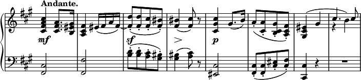 
\relative c'' {
  \new PianoStaff <<
   \new Staff \with { \remove "Time_signature_engraver" } {
    \key fis \minor \time 2/4 \set Score.tempoHideNote = ##t \tempo "Andante." 4=54
    <cis a fis cis>4 <a fis cis>8. <gis eis b>16 <fis cis a>4 eis16( fis a fis~)
    <d' fis,>8-.( [ q-. <cis fis,>-. <bis fis>-.] ) <bis fis>4( <cis fis,>8) r
    <cis gis cis,>4 gis8.( b16) a8-.( [ <a cis,>-. <gis cis, b>-. <fis cis a>-.] )
    << { <eis cis gis>4( gis e\rest \stemDown b') } \\ { s2 \stemUp cis4. cis8 } >> 
   }
   \new Dynamics {
    s2\mf s s\sf s8\> s\! s4 s\p
   }
   \new Staff \with { \remove "Time_signature_engraver" } {
    \key fis \minor \time 2/4 \clef bass
    <cis,, fis,>2 <fis fis,> <d' b>8-.( [ q-. <cis a>-. <bis gis>-.] ) <bis gis>4( <cis a>8) r
    <cis, eis,~>2 <cis fis,>8-.( [ q-. <cis eis>-. <cis fis>-.] ) <cis cis,>4 r R2 
   }
  >>
 }
