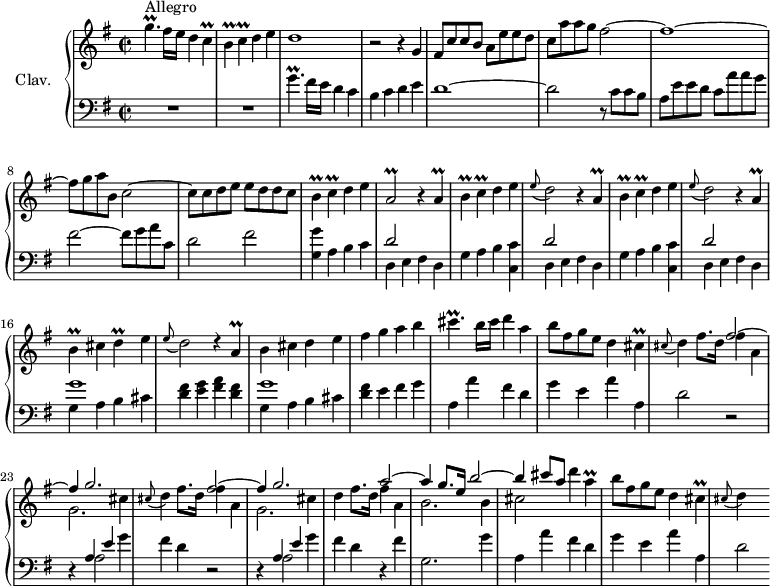 
\version "2.18.2"
\header {
  tagline = ##f
  % composer = "Domenico Scarlatti"
  % opus = "K. 493"
  % meter = "Allegro"
}

%% les petites notes
trillGpUp    = { \tag #'print { g'4.\prall } \tag #'midi { \times 2/3 { a16 g a } g4 } }
trillCp      = { \tag #'print { c4\prall } \tag #'midi { \times 2/3 { d16 c d } c8 } }
trillBp      = { \tag #'print { b4\prall } \tag #'midi { \times 2/3 { c16 b c } b8 } }
trillAbDown  = { \tag #'print { a,2\prall } \tag #'midi { \times 2/3 { b16 a b } a4. } }
trillA       = { \tag #'print { a4\prall } \tag #'midi { \times 2/3 { b16 a b } a8 } }
trillDp      = { \tag #'print { d4\prall } \tag #'midi { \times 2/3 { e16 d e } d8 } }
trillCisp    = { \tag #'print { cis4.\prall } \tag #'midi { \times 2/3 { d16 cis d } cis4 } }
trillCis     = { \tag #'print { cis4\prall } \tag #'midi { \times 2/3 { d16 cis d } cis8 } }

upper = \relative c'' {
  \clef treble 
  \key g \major
  \time 2/2
  \tempo 2 = 72

      s8*0^\markup{Allegro}
      \trillGpUp fis16 e d4 \trillCp | \trillBp \trillCp d4 e | d1 | r2 r4 g,4 | fis8 c' c b a e' e d |
      % ms. 6
      c8 a' a g fis2~ | fis1~ | fis8 g a b, c2~ | c8 c d e e d d c | \trillBp \trillCp d4 e | 
      % ms. 11
      \trillAbDown \repeat unfold 2 { r4 \trillA | \trillBp \trillCp d4 e | \appoggiatura e8 d2 } r4 \trillA |  \trillBp cis4 \trillDp e4 | 
      % ms. 17
      \appoggiatura e8 d2 d4\rest \trillA | b4 cis d e | fis g a b | \trillCisp b16 cis d4 a | b8 fis g e d4 \trillCis | \repeat unfold 2 { \appoggiatura cis8 d4 fis8. d16 
      % ms. 22 fin…
      << { fis2~ | fis4 g2. } 
       \\ { fis4 a, | g2. cis4  } >> } | d4 fis8. d16 
      << { a'2~ | a4 g8. e16 b'2~ | b4 cis8 a } 
       \\ { fis4 a, | b2. b4 | cis2 } >>
      % ms. 28 suite…
      d'4 \trillA  | b8 fis g e d4 \trillCis | \appoggiatura cis8 d4 s4
      % ms. 33
      
      % ms. 38
      
      % ms. 43
      

}

lower = \relative c' {
  \clef bass
  \key g \major
  \time 2/2

    % ************************************** \appoggiatura a16  \repeat unfold 2 {  } \times 2/3 { }   \omit TupletNumber 
      R1*2 | \trillGpUp fis16 e d4 c | b c d e | d1~ |
      % ms. 6
      d2 r8 c c b | a e' e d c a' a g | fis2~ fis8 g a c, | d2 fis | < g, g' >4 a b c | 
      % ms. 11
      << { d2 } \\ { d,4 e fis d } >> | \repeat unfold 2 {  g4 a b < c, c' > << { d'2 } \\ { d,4 e fis d } >> } | << { g'1 } \\ { g,4 a b cis } >> |
      % ms. 17
      < d fis >4 < e g > < fis a > < d fis > | << { g1 } \\ { g,4 a b cis } >> | < d fis >4 e fis g | a, a' fis d | g e a a, | d2 r2 |
      % ms. 23
      r4 << { a4 e' } \\ { a,2 } >> g'4 | fis d r2 | r4 << { a4 e' } \\ { a,2 } >> g'4 | fis d r4 fis4 | g,2. g'4 |
      % ms. 28
      a,4 a' fis d | g e a a, | d2 % r2 | r4 
      % ms. 33
      
      % ms. 38
      
      % ms. 43
      

}

thePianoStaff = \new PianoStaff <<
    \set PianoStaff.instrumentName = #"Clav."
    \new Staff = "upper" \upper
    \new Staff = "lower" \lower
  >>

\score {
  \keepWithTag #'print \thePianoStaff
  \layout {
      #(layout-set-staff-size 17)
    \context {
      \Score
     \override TupletBracket.bracket-visibility = ##f
     \override SpacingSpanner.common-shortest-duration = #(ly:make-moment 1/2)
      \remove "Metronome_mark_engraver"
    }
  }
}

\score {
  \keepWithTag #'midi \thePianoStaff
  \midi { \set Staff.midiInstrument = #"harpsichord" }
}

