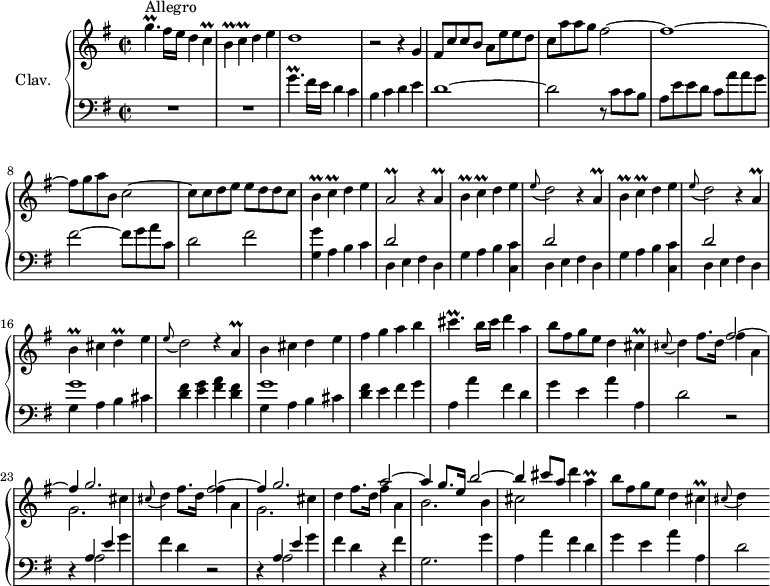 
\version "2.18.2"
\header {
 tagline = ##f
 % composer = "Domenico Scarlatti"
 % opus = "K. 493"
 % meter = "Allegro"
}

%% les petites notes
trillGpUp = { \tag #'print { g'4.\prall } \tag #'midi { \times 2/3 { a16 g a } g4 } }
trillCp = { \tag #'print { c4\prall } \tag #'midi { \times 2/3 { d16 c d } c8 } }
trillBp = { \tag #'print { b4\prall } \tag #'midi { \times 2/3 { c16 b c } b8 } }
trillAbDown = { \tag #'print { a,2\prall } \tag #'midi { \times 2/3 { b16 a b } a4. } }
trillA = { \tag #'print { a4\prall } \tag #'midi { \times 2/3 { b16 a b } a8 } }
trillDp = { \tag #'print { d4\prall } \tag #'midi { \times 2/3 { e16 d e } d8 } }
trillCisp = { \tag #'print { cis4.\prall } \tag #'midi { \times 2/3 { d16 cis d } cis4 } }
trillCis = { \tag #'print { cis4\prall } \tag #'midi { \times 2/3 { d16 cis d } cis8 } }

upper = \relative c'' {
 \clef treble 
 \key g \major
 \time 2/2
 \tempo 2 = 72

 s8*0^\markup{Allegro}
 \trillGpUp fis16 e d4 \trillCp | \trillBp \trillCp d4 e | d1 | r2 r4 g,4 | fis8 c' c b a e' e d |
 % ms. 6
 c8 a' a g fis2~ | fis1~ | fis8 g a b, c2~ | c8 c d e e d d c | \trillBp \trillCp d4 e | 
 % ms. 11
 \trillAbDown \repeat unfold 2 { r4 \trillA | \trillBp \trillCp d4 e | \appoggiatura e8 d2 } r4 \trillA | \trillBp cis4 \trillDp e4 | 
 % ms. 17
 \appoggiatura e8 d2 d4\rest \trillA | b4 cis d e | fis g a b | \trillCisp b16 cis d4 a | b8 fis g e d4 \trillCis | \repeat unfold 2 { \appoggiatura cis8 d4 fis8. d16 
 % ms. 22 fin…
 << { fis2~ | fis4 g2. } 
 \\ { fis4 a, | g2. cis4 } >> } | d4 fis8. d16 
 << { a'2~ | a4 g8. e16 b'2~ | b4 cis8 a } 
 \\ { fis4 a, | b2. b4 | cis2 } >>
 % ms. 28 suite…
 d'4 \trillA | b8 fis g e d4 \trillCis | \appoggiatura cis8 d4 s4
 % ms. 33
 
 % ms. 38
 
 % ms. 43
 

}

lower = \relative c' {
 \clef bass
 \key g \major
 \time 2/2

 % ************************************** \appoggiatura a16 \repeat unfold 2 { } \times 2/3 { } \omit TupletNumber 
 R1*2 | \trillGpUp fis16 e d4 c | b c d e | d1~ |
 % ms. 6
 d2 r8 c c b | a e' e d c a' a g | fis2~ fis8 g a c, | d2 fis | < g, g' >4 a b c | 
 % ms. 11
 << { d2 } \\ { d,4 e fis d } >> | \repeat unfold 2 { g4 a b < c, c' > << { d'2 } \\ { d,4 e fis d } >> } | << { g'1 } \\ { g,4 a b cis } >> |
 % ms. 17
 < d fis >4 < e g > < fis a > < d fis > | << { g1 } \\ { g,4 a b cis } >> | < d fis >4 e fis g | a, a' fis d | g e a a, | d2 r2 |
 % ms. 23
 r4 << { a4 e' } \\ { a,2 } >> g'4 | fis d r2 | r4 << { a4 e' } \\ { a,2 } >> g'4 | fis d r4 fis4 | g,2. g'4 |
 % ms. 28
 a,4 a' fis d | g e a a, | d2 % r2 | r4 
 % ms. 33
 
 % ms. 38
 
 % ms. 43
 

}

thePianoStaff = \new PianoStaff <<
 \set PianoStaff.instrumentName = #"Clav."
 \new Staff = "upper" \upper
 \new Staff = "lower" \lower
 >>

\score {
 \keepWithTag #'print \thePianoStaff
 \layout {
 #(layout-set-staff-size 17)
 \context {
 \Score
 \override TupletBracket.bracket-visibility = ##f
 \override SpacingSpanner.common-shortest-duration = #(ly:make-moment 1/2)
 \remove "Metronome_mark_engraver"
 }
 }
}

\score {
 \keepWithTag #'midi \thePianoStaff
 \midi { \set Staff.midiInstrument = #"harpsichord" }
}
