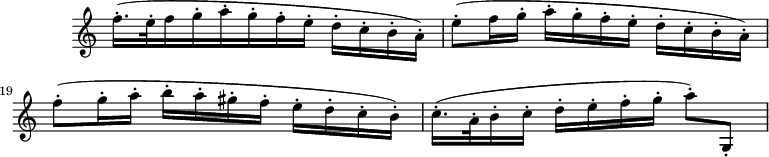 
\version "2.18.2"
\header {
 tagline = ##f
}

\score {
 \new Staff \with {
 \remove "Time_signature_engraver"
 instrumentName = #" "
 }
 \relative c'' {
 \time 3/4
 \tempo 4 = 62
 \clef treble
 \override Rest #'style = #'classical
 \set Score.currentBarNumber = #17

%%% *************************************** %%%
%%% A T T E N T I O N LES R O B O T S %%%
%%% CES LIGNES DE CODES SONT DU LILYPOND %%%
%%% PAS DE LA PONCTUATION FRANÇAISE !!! %%%
%%% *************************************** %%%
 \set Staff.keySignature = #`(((0 . 10) . ,SHARP)
 ((0 . 3) . ,SHARP)
 ((0 . 7) . ,SHARP)
 ((0 . 0) . ,NATURAL)) % il manque la ligne sup de ce do naturel, comment faire ?
 
 f16.-.([ e32-. f16 g-. a-. g-. f-. e-.] d-.[c-. b-. a-.])
 e'8-.([ f16 g-.] a-. g-. f-. e-.] d-. c-. b-. a-.])
 f'8-.(g16-. a-. b-. a-. gis-. f-. e-.[ d-. c-. b-.])
 c16.-.( a32-. b16-. c-.] d-.[ e-. f-. g-.] a8-.) g,,-.

 }
 \layout {
 \context {
 \Score
 \remove "Metronome_mark_engraver"
 }
 }
 \midi {}
}
