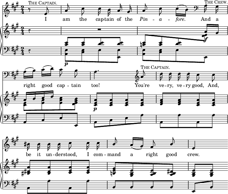 << \override Score.Rest #'style = #'classical
 \override Score.BarNumber #'stencil = ##f %% Suppress continuation bar numbering
\new Staff { \time 2/4 \key a \major \partial 4 \relative e' { \autoBeamOff
  r8^\markup { \smallCaps "The Captain." } e |
  a cis cis16 b a gis |
  a8 cis cis16([ b)] \clef bass a,^\markup { \smallCaps "The Crew." } gis | \break
  a([ b)] cis([ d)] cis8 b |
  a4. \clef treble a'8^\markup { \smallCaps "The Captain." } |
  d16 d d d cis8 cis | \break
  bis16 bis bis bis cis8 cis16 cis |
  \stemUp b8 a16[( gis]) fis8 b | e,4 } }
\addlyrics { I am the cap -- tain of the \markup { \italic { Pin } } -- \markup { \italic { a } } -- \markup { \italic { fore. } } And a right good cap -- tain too! You're ve -- ry, ve -- ry good, And, be it un -- der -- stood, I com -- mand a right good crew. }
\new GrandStaff <<
\new Staff = "1" { \key a \major \relative a' {
  \override GrandStaff.BarLine #'allow-span-bar = ##f %% Suppress bar lines through both sub-staves.
  r4 | R2 | s4. a16\f gis |
  << { a16 b cis d } \\ { <e, cis>8[ <e a> <e a cis> <d e gis b>] } >>
  <cis e a>[\p q q q] | <d fis a>[ q <cis e a> q] |
  <bis dis a'>[ q <cis e a> q] |
  <b! e gis>[ <e b gis> <e b a> <dis b a>] | <e b gis>[ q] } }
\new Staff = "2" { \clef bass \key a \major \relative e' {
  r4 |
  << { <e cis>8[\p q <e d> q] | <e c>[ q <e d> \change Staff = "1" \stemDown q] } \\
     { <e, a,>[ <e cis> e <e e,>] | <e a,>[ <e cis> e e,] } >>
  a[ cis e e,] | a[ cis e a] | a,[ a' a, a'] |
  a,[ a' a, a'] | b,[ b b b] | e,[ b'] } } >> >> 