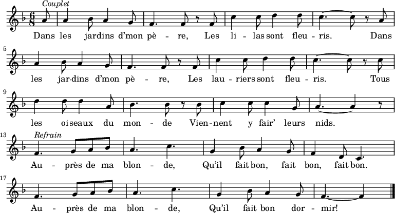 
\new Staff {
\relative c'' {
 \key f \major
 \numericTimeSignature
 \time 6/8
 \partial 8

 a8^ \markup { \italic Couplet }
 a4 bes8 a4 g8
 f4. f8 r f
 c'4 c8 d4 d8
 c4. ~ c8 r a \break
 a4 bes8 a4 g8
 f4. f8 r f
 c'4 c8 d4 d8
 c4. ~ c8 r c \break
 d4 d8 d4 a8
 bes4. bes8 r bes
 c4 c8 c4 g8
 a4. ~ a4 r8 \break
 f4.^ \markup { \italic Refrain } g8 a bes
 a4. c
 g4 bes8 a4 g8
 f4 d8 c4. \break
 f g8 a bes
 a4. c
 g4 bes8 a4 g8
 f4. ~ f4 \bar "|."
} }
\addlyrics {
\lyricmode {
 Dans les jar -- dins d’mon pè -- re,
 Les li -- las sont fleu -- ris.
 Dans les jar -- dins d’mon pè -- re,
 Les lau -- riers sont fleu -- ris.
 Tous les oi -- seaux du mon -- de
 Vien -- nent y fair’ leurs nids.

 Au -- près de ma blon -- de,
 Qu’il fait bon, fait bon, fait bon.
 Au -- près de ma blon -- de,
 Qu’il fait bon dor -- mir!
} }

 \midi {
 \context {
 \Score
 tempoWholesPerMinute = #(ly:make-moment 360 8)
 }
 }

