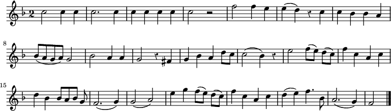 
\relative c'' {
  \override Rest #'style = #'classical
  \key f \major
  \override Staff.TimeSignature #'style = #'single-digit
  \time 2/2
  c2 c4 c4
  c2. c4
  c c c c
  c2 r
  f2 f4 e
  e( d) r c
  c bes bes a
  bes8( a g a) g2

  bes2 a4 a
  g2 r4 fis
  g bes a d8 c
  c2( bes4) r
  e2 f8( e) d[( c])
  f4 c a c
  d bes bes8[ a bes] g
  f2.( g4)

  g2( a)
  e'4 g f8( e) d[( c])
  f4 c a c
  d( e) f4. bes,8
  a2.(g4)
  f2
  \bar "|."
}
