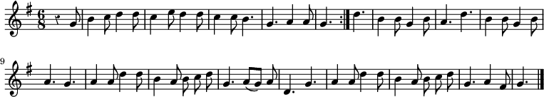 
\relative c'' {
  \key g \major
  \time 6/8
  \partial 4.
  \autoBeamOff
  \override Rest #'style = #'classical
  \repeat volta 2 {
    r4 g8
    b4 c8 d4 d8
    c4 e8 d4 d8
    c4 c8 b4.
    g4. a4 a8
    g4.
  }
  d'4.
  b4 b8 g4 b8
  a4. d
  b4 b8 g4 b8

  a4. g
  a4 a8 d4 d8
  b4 a8 b c d
  g,4. a8[( g]) a
  d,4. g
  a4 a8 d4 d8
  b4 a8 b c d
  g,4. a4 fis8
  g4.
  \bar "|."
}
\midi {
  \context {
    \Score
    tempoWholesPerMinute = #(ly:make-moment 360 8)
  }
}
