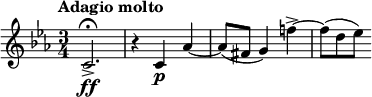 
\ relativní c '{\ tempo "Adagio molto" \ klíč c \ minor \ čas 3/4 c2. \ ff-> \ fermata |  r4 c \ p jako '~ |  as8 (fis g4) f '! ~-> |  f8 [(d es)]}
