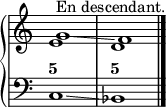 
\new PianoStaff <<
  \new Staff = "right"
  {
    \relative c' {
      \override Staff.TimeSignature #'stencil = ##f
      <<
        { e1 d }
        { g1\glissando^"En descendant." f }
      >>
    }
  }
  \new Staff = "left"
  \figuremode {
    <5>1 <5>
    \bar "|."
  }
  \context Staff = "left"
  \relative c {
    \clef bass
    \override Staff.TimeSignature #'stencil = ##f
    c1\glissando bes
  }
>>
