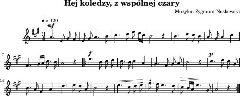 
\version "2.20.0"

\header{
   title = "Hej koledzy, z wspólnej czary"
   composer = "Muzyka: Zygmunt Noskowski"
   tagline = ""
}

melodia = \new Staff \with { midiInstrument = "flute" } {
\relative a'{
   \clef treble
   \key a \major
   \time 3/4
   \tempo 4 = 120

   \autoBeamOff
^\mf
   a4. e8 gis fis |
   e8 gis a4. b8 |
   cis4. d8 fis e16[ cis] |
   b2 r4 |

   b4. d8 cis b |
   a8. gis16 a4 cis |
   fis,4. gis16[ a] cis8. b16 |
   a2 r4 |
^\f
   \repeat volta 2 {
      e'4. b8 cis d |
      cis8. b16 cis4 a |
      gis4. fis8 gis a |
      b2 r4 | 
^\p
      cis4. d8 cis gis |
      b8. a16 fis4 a |
      d4. e8 d a |
      b2 r4 |

      e4. ^\< cis8 d e \! |
      gis8.-^ fis16 e4. d8 |
      cis8 ^\> b16[ a] e'4. \! gis,8 |
      a2 r4 |
   }
 }
}
\score{
   \melodia
   \layout{}
}

\score{
   \unfoldRepeats
   \melodia
   \midi{}
}

