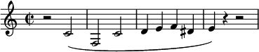 \relative c' {  \new Staff {    \set Staff.midiInstrument = #"french horn" \key c \major \clef treble \time 2/2 \set Score.tempoHideNote = ##t \tempo 4 = 90    r2 c2 ( |    f,2 c'2 |    d4 e4 f4 dis4 |    e4 ) r4 r2 |  }}