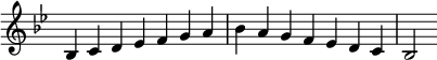   {
\override Score.TimeSignature #'stencil = ##f
\relative c' {
  \clef treble \key bes \major \time 7/4 bes4 c d es f g a bes a g f es d c bes2
} }
