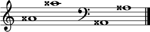 
\new Staff \with
{
  \omit TimeSignature
  fontSize = #2
  \override StaffSymbol.staff-space = #1.25
  \override StaffSymbol.thickness = #1.25
  \override Clef.full-size-change = ##t
  \override BarLine.hair-thickness = #2.4
  \override BarLine.thick-thickness = #7.5
  \override BarLine.kern = #3.75
  \override BarLine.transparent = ##t
}
{
  \time 18/8
  \clef treble
  s8
  aisis'1 aisis''
  s8
  \grace s8
  \clef bass
  \bar "|"
  s8
  aisis,1 aisis
  \override Staff.BarLine.transparent = ##f
  \bar "|."
}
