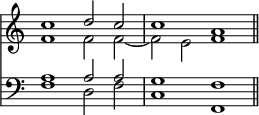 << \override Score.TimeSignature #'stencil = ##f \time 4/2 \new Staff << \new Voice { \relative c'' { \stemUp c1 d2 c | c1 a \bar "||" } } \new Voice { \relative f' { \stemDown f1 f2 f _~ | f e f1 } } >>
\new Staff { \clef bass << \new Voice { \stemUp a1 a2 a | g1 f } \new Voice { \stemDown f1 d2 f | c1 f, } >> } >>