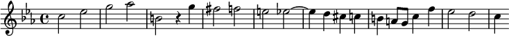 
    \relative c'' 
    {
        \key c \minor
        \clef treble 
        \time 4/4
        c2 es | g as | b, r4 g' | fis2 f | e es~ | es4 d cis c | b a8 g c4 f | es2 d | c4
    }
