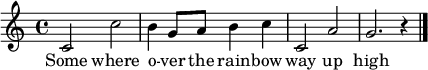 \relative c' { \time 4/4 \key c \major 
c2   c'2   b4  g8 a b4  c  c,2    a'   g2.   r4 \bar "|." } 
\addlyrics { Some where o -- ver the rain -- bow  way up high }