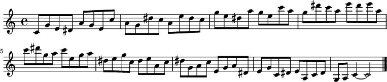 
{

\modalTranspose c c' { c dis e g a } { c8 g e } 
\modalTranspose c dis' { c dis e g a } { c g e } 
\modalTranspose c e' { c dis e g a } { c g e } 
\modalTranspose c g' { c dis e g a } { c g e } 
\modalTranspose c a' { c dis e g a } { c g e } 
\modalTranspose c c'' { c dis e g a } { c g e } 
\modalTranspose c dis'' { c dis e g a } { c g e } 
\modalTranspose c e'' { c dis e g a } { c g e } 
\modalTranspose c g'' { c dis e g a } { c g e } 
\modalTranspose c a'' { c dis e g a } { c g e } 

\modalInversion c e''' { c dis e g a } { c g e } 
\modalInversion c dis''' { c dis e g a } { c g e } 
\modalInversion c c''' { c dis e g a } { c g e } 
\modalInversion c a'' { c dis e g a } { c g e } 
\modalInversion c g'' { c dis e g a } { c g e } 
\modalInversion c e'' { c dis e g a } { c g e } 
\modalInversion c dis'' { c dis e g a } { c g e } 
\modalInversion c c'' { c dis e g a } { c g e } 
\modalInversion c a' { c dis e g a } { c g e } 
\modalInversion c g' { c dis e g a } { c g e } 
\modalInversion c e' { c dis e g a } { c g e } 
\modalInversion c dis' { c dis e g a } { c g e } 

c'4~ c'2

\bar "|."
}
