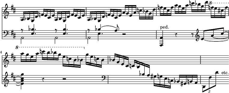 << \new Staff = "up" { \key d \major \override Score.TimeSignature #'stencil = ##f \time 4/4 \override Score.Rest #'style = #'classical \relative a { \repeat unfold 3 { a16 bes g d' f e cis e } a g e a c bes g d' | f e cis f a g e a c bes g d' \ottava #1 f e cis f a g e a c b bes g e c b bes \ottava #0 g e c b | bes g e cis c b \change Staff = "down" bes a gis g e c bes gis b a | \times 2/3 { d,8 fis' d' } \change Staff = "up" s4 } }
\new Staff = "down" { \clef bass \key d \major \relative b { << { r8 <bes e,>4. r8 q4. | r8 << { bes4( a8) } \\ { e4. } >> } \\ { a,2 a a } >> r2 | <a a,>4^"ped." r4 r8 \clef treble \set tieWaitForNote = ##t e''8 ~ a ~ cis ~ <g' cis, a e>4 r r2 \clef bass s1 s4 s^"etc." } } >>