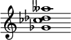 {
  % Rivin lopun pystyviiva ja tahtiosoitus piiloon.
  \override Score.BarLine.break-visibility = ##(#f #t #t)
  \override Staff.TimeSignature #'stencil = ##f
  
  <ges' ces'' des'' aeses''>1
}
