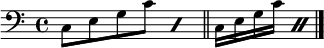 
\relative c
{
\key c \major
\clef F
\repeat percent 2 { c8 e g c } \bar "||"
\repeat percent 2 { c,16 e g c } \bar "|."
}
