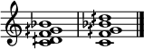 
\relative c' { \omit Staff.TimeSignature \set Score.tempoHideNote = ##t <c dih f gih bes>1 \bar "|"  <cf gih kesinlikle dih>1 \bar "|."  }
