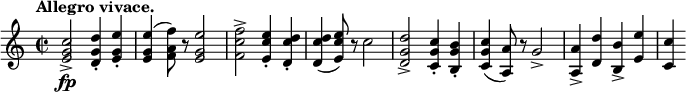 
 \relative c' { \key c \major \time 2/2 \tempo "Allegro vivace."
  <c' g e>2->\fp <d g, d>4-. <e g, e>-. <e g, e>( <f a, f>8) r <e g, e>2 <f c f,>2-> <e c e,>4-. <d c d,>-. <d c d,>( <e c e,>8) r c2
  <d g, d>2-> <c g c,>4-. <b g b,>-. <c g c,>( <a a,>8) r g2-> <a a,>4-> <d d,> <b b,>-> <e e,> <c c,>
 }
