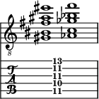  
<<
  %\override Score.BarLine.break-visibility = ##(#f #t #t)
  \time 2/1
    \new Staff  {
    \clef "treble_8"
        \once \override Staff.TimeSignature #'stencil = ##f
        < gis bis fis' ais' eis''>1 | < aes c' ges' bes' f''>1 |
    }

     \new TabStaff {
       \override Stem #'transparent = ##t
       \override Beam #'transparent = ##t 
      s2 < gis\5 c'\4 fis'\3 ais'\2 f''\1>1 s2
  }
>>
