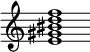 {
  % Rivin lopun pystyviiva ja tahtiosoitus piiloon.
  \override Score.BarLine.break-visibility = ##(#f #t #t)
  \override Staff.TimeSignature #'stencil = ##f
  
  <e' gis' bis' d'' f''>1
}
