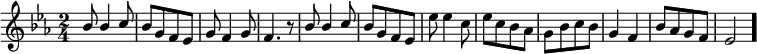 
\relative c' {
\clef treble
\key es \major
\time 2/4
\stemUp bes'8 bes4 c8 | bes8 [g8 f8 es8] | g8 f4 g8 | f4. r8 |
bes8 bes4 c8 | bes8 [g8 f8 es8] | \stemDown es'8 es4 c8 | es8 [c8 bes8 as8] |
g8 [bes8 c8 bes8 ] | \stemUp g4 f4 | bes8 [as8 g8 f8] | es2 \bar "."
}
