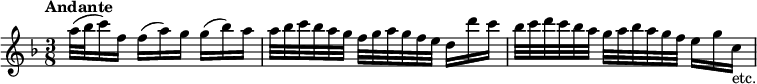 
\new Staff = "flute" \with {midiInstrument = "flute"} \relative c'' {
  \key f \major
  \time 3/8
  \tempo "Andante"
  \omit TupletNumber
  \omit TupletBracket
  \autoBeamOff
  \times 2/3 {
    a'32([ bes c16) f,] f([ a) g] g([ bes) a]
    a32[ bes c bes a g] f[ g a g f e] d16[ d' c]
    bes32[ c d c bes a] g[ a bes a g f] e16[ g c,_"etc."]
  }
}
