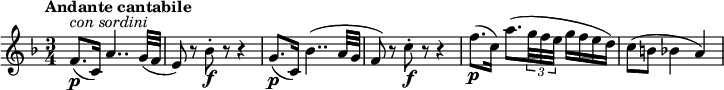 
\relative c'' {
 \version "2.18.2"
 \set Staff.midiInstrument = "string ensemble 2"
 \key f \major
 \time 3/4
 \tempo "Andante cantabile"
 \tempo 4 = 70
 f,8.\p^\markup { \italic {con sordini}} (c16) a'4.. g32 (f
 e8) r8 bes'8-.\f r8 r4
 g8.\p (c,16) bes'4.. (a32 g
 f8) r8 c'8-.\f r8 r4
 f8.\p (c16) a'8. (\tuplet 3/2 {g32 f e} g16 f e d)
 c8 (b bes4 a)
 }
