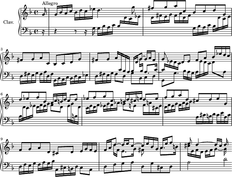 
\version "2.18.2"
\header {
 tagline = ##f
}

upper = \relative c'' {
 \clef treble 
 \key f \major
 \time 4/4
 \tempo 4 = 92
 \set Staff.midiInstrument = #"harpsichord"

 \partial 16
 s8*0^\markup{Allegro}
 g16 | g bes a c bes d c ees d4. g8 | \stemUp fis8 g a c, bes c d g, | fis g a c, bes c d g |
 % ms. 4
 << { fis8 g a16 \stemUp \change Staff = "lower" c,16 bes a bes \change Staff = "upper" d g8~ g16 a fis8 | g8 } \\ { s2 s8 g16 \stemUp \change Staff = "lower" bes, a8. c16~ | c \stemDown \change Staff = "upper" ees16 d c } >> \stemNeutral d8 ees f a \stemUp bes16 ees d c | d8 ees f bes, a16 c b d c8 d |
 % ms. 7
 ees8 f g c, b16 d cis e d8 e | f g a d, cis d e g, | f g a d, cis d e16 g f e |
 % ms. 10
 << { \mergeDifferentlyDottedOn f16 a d8~ d16 e c8~ c16 e bes g a16 e' f8 | e d4~ d16 cis d } \\ { s8 d16 f, e8. g16 fis8 s8 a8. b16 | cis e, f d e f g8~ g16 } >> % f fis16 e fis g a fis | g8 e f cis d8 a4 g8
 % ms. 13
 

}

lower = \relative c' {
 \clef bass
 \key f \major
 \time 4/4
 \set Staff.midiInstrument = #"harpsichord"

 % *****************************
 r16 | r4 r8 r16 g16 | g bes a c bes \stemDown \change Staff = "upper" d c ees | d fis e g fis a d, fis \change Staff = "lower" g,16 bes a c bes \stemDown \change Staff = "upper" d c e | \change Staff = "lower" d,16 fis e g fis a d, fis g,16 bes a c bes d c ees | 
 % ms. 4 
 d16 fis e g fis8 d g bes, c d | g, g'8. bes16 a g a \change Staff = "upper" ees' d c d8 \change Staff = "lower" a | bes16 \change Staff = "upper" d c ees d f ees g f8 d ees16 g \change Staff = "lower" b, \change Staff = "upper" d |
 % ms. 7
 c16 e d f ees g f aes g8 e f16 a cis, e | d16 f e g f a g bes \change Staff = "lower" a,16 cis b d cis e a, cis | d,16 f e g f a g bes a, cis b d cis8 a |
 % ms. 10 
 d8 f g a d, g cis, d | a'2 d2*1/4

} 

thePianoStaff = \new PianoStaff <<
 \set PianoStaff.instrumentName = #"Clav."
 \new Staff = "upper" \upper
 \new Staff = "lower" \lower
 >>

\score {
 \keepWithTag #'print \thePianoStaff
 \layout {
 #(layout-set-staff-size 17)
 \context {
 \Score
 \override SpacingSpanner.common-shortest-duration = #(ly:make-moment 1/2)
 \remove "Metronome_mark_engraver"
 }
 }
}

\score {
 \keepWithTag #'midi \thePianoStaff
 \midi { }
}
