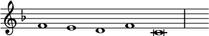 { \override Score.TimeSignature #'stencil = ##f \key f \major { \cadenzaOn f'1 e' d' f' c'\breve \bar "|" s2 } }